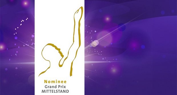 Logo with purple background "Nominee Grand Prix Mittelstand"